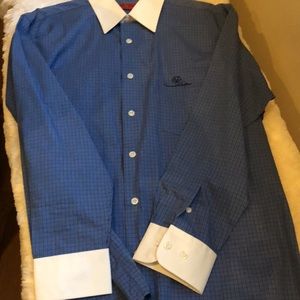 Giovanni Valentino Mens Blue and White Button Down Dress Shirt Size 41